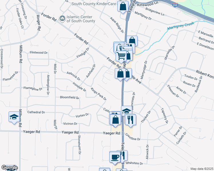 map of restaurants, bars, coffee shops, grocery stores, and more near 2500 Grayford Walk in St. Louis