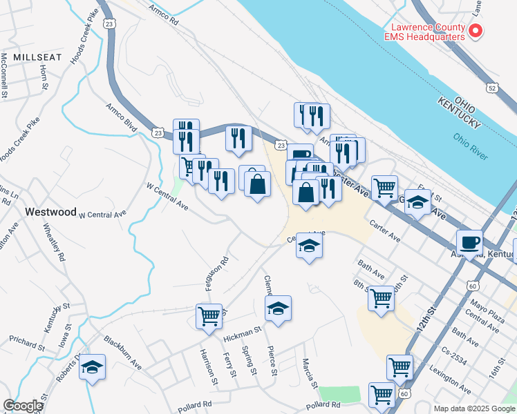 map of restaurants, bars, coffee shops, grocery stores, and more near 495 River Hill Drive in Ashland