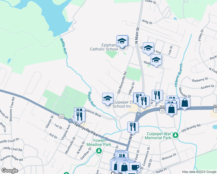 map of restaurants, bars, coffee shops, grocery stores, and more near 330 West Fairview Road in Culpeper