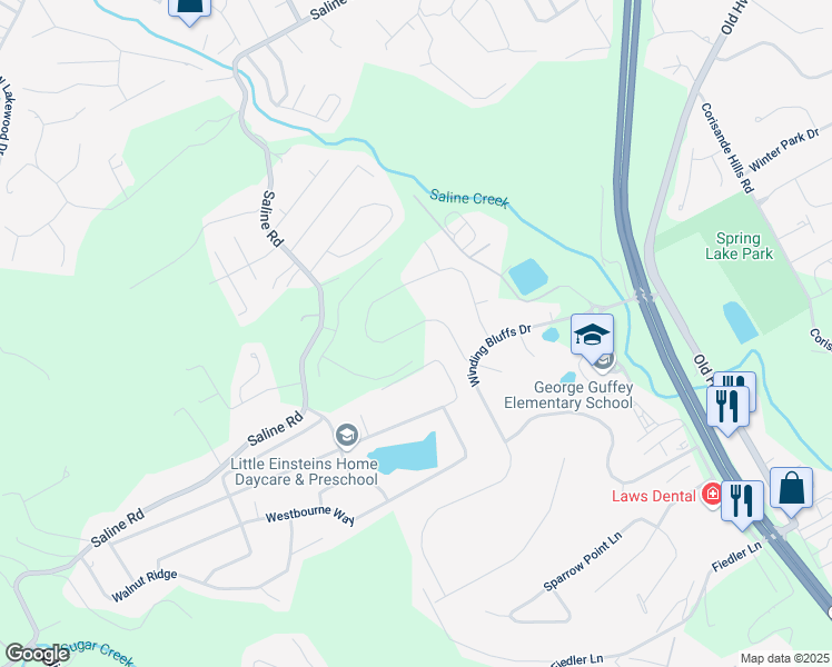 map of restaurants, bars, coffee shops, grocery stores, and more near 304 Winding Bluffs Court in Fenton