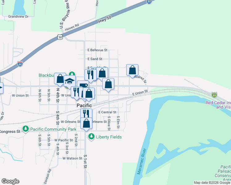 map of restaurants, bars, coffee shops, grocery stores, and more near 410 East Osage Street in Pacific