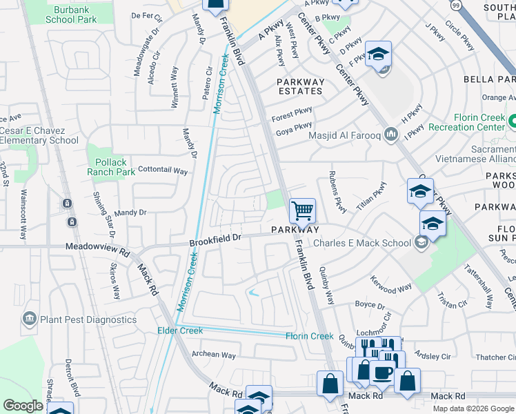 map of restaurants, bars, coffee shops, grocery stores, and more near 7550 Phoenix Park Drive in Sacramento