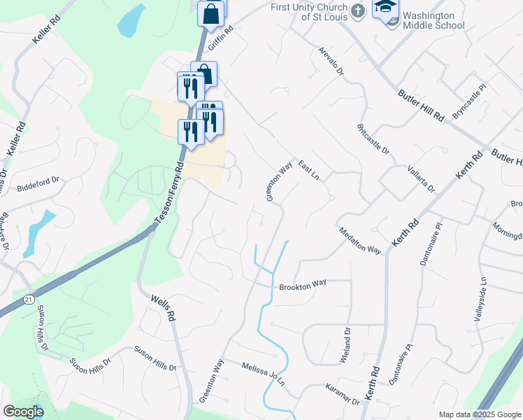 map of restaurants, bars, coffee shops, grocery stores, and more near 4945 Lockbriar Court in St. Louis
