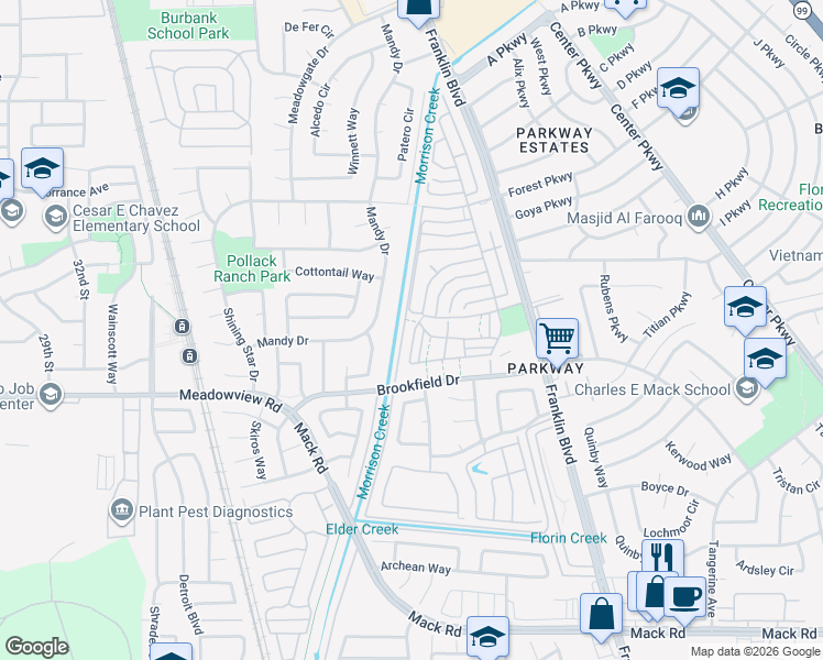map of restaurants, bars, coffee shops, grocery stores, and more near 4050 Weymouth Lane in Sacramento