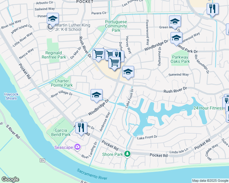 map of restaurants, bars, coffee shops, grocery stores, and more near 7626 Windbridge Drive in Sacramento