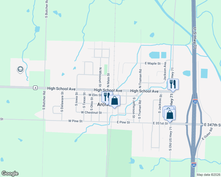 map of restaurants, bars, coffee shops, grocery stores, and more near 100 North Washington Street in Archie