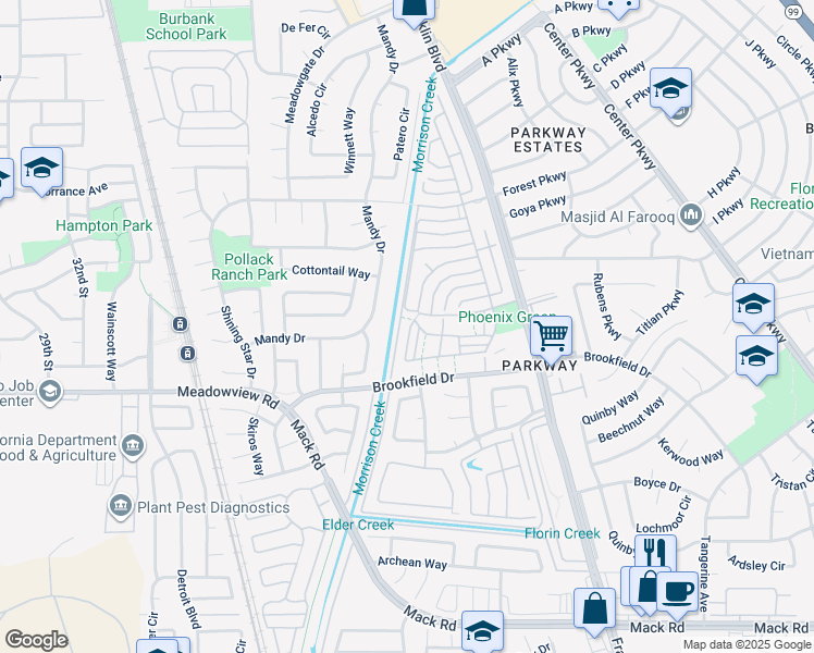 map of restaurants, bars, coffee shops, grocery stores, and more near 4050 Weymouth Lane in Sacramento