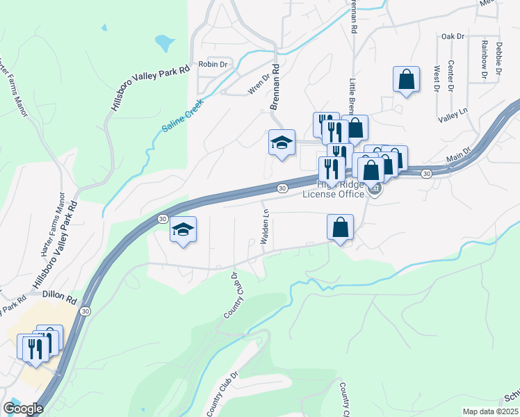 map of restaurants, bars, coffee shops, grocery stores, and more near 354 Emerson Road in High Ridge