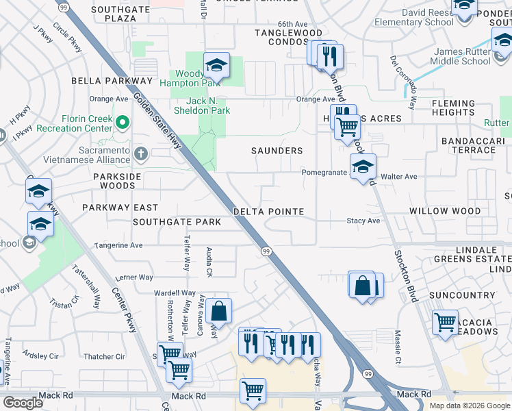map of restaurants, bars, coffee shops, grocery stores, and more near 7617 Delta Pointe Way in Sacramento