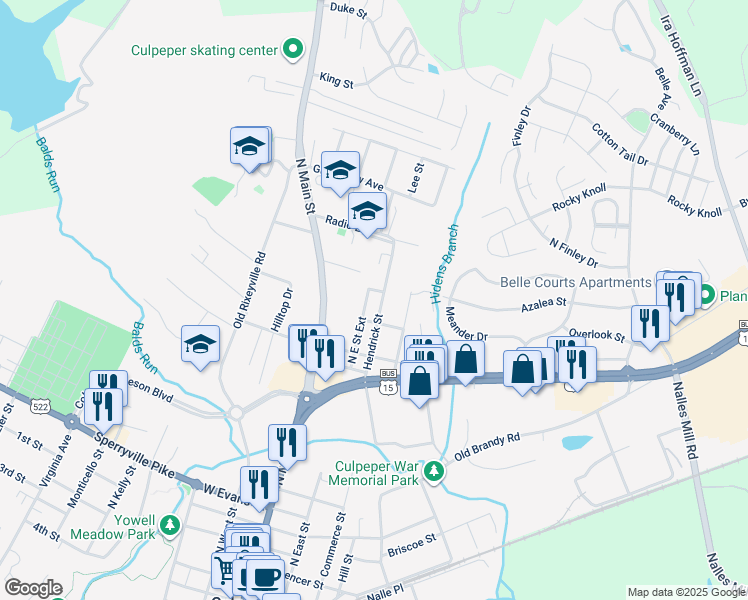 map of restaurants, bars, coffee shops, grocery stores, and more near 1012 Hendrick Street in Culpeper