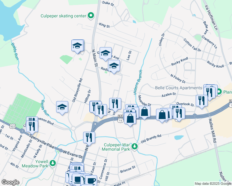 map of restaurants, bars, coffee shops, grocery stores, and more near 1012 Hendrick Street in Culpeper