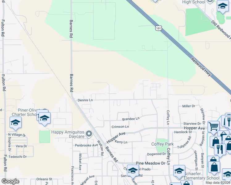 map of restaurants, bars, coffee shops, grocery stores, and more near 3900 Barnes Road in Santa Rosa