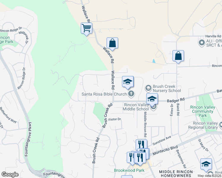 map of restaurants, bars, coffee shops, grocery stores, and more near 3455 Wallace Road in Santa Rosa