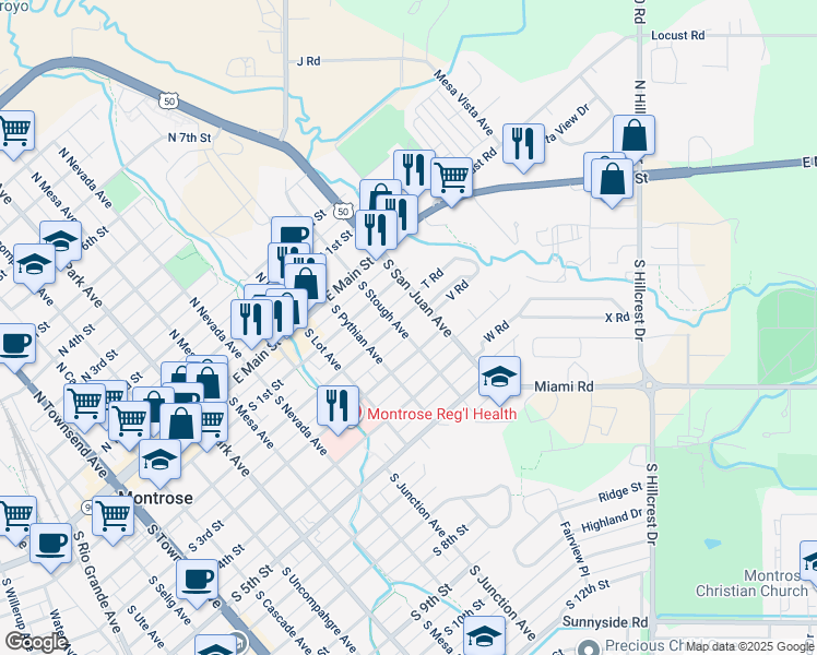 map of restaurants, bars, coffee shops, grocery stores, and more near 1209 South 2nd Street in Montrose