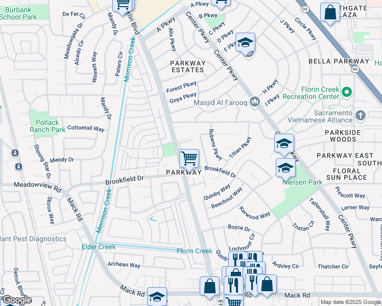 map of restaurants, bars, coffee shops, grocery stores, and more near 4541 Cedarwood Way in Sacramento