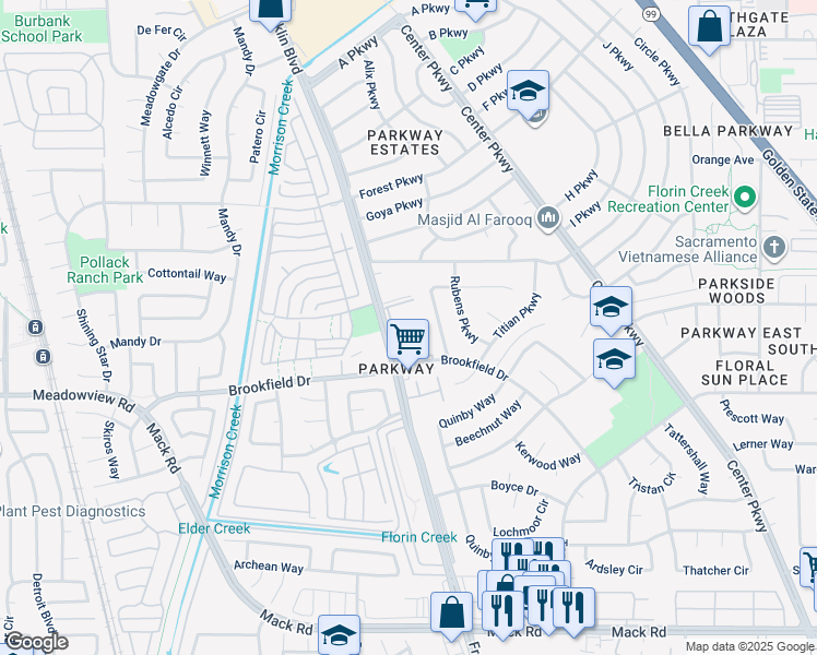 map of restaurants, bars, coffee shops, grocery stores, and more near 4541 Cedarwood Way in Sacramento