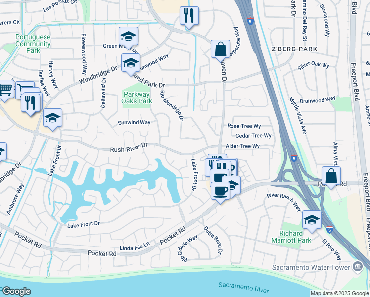 map of restaurants, bars, coffee shops, grocery stores, and more near 7524 Rio Mondego Drive in Sacramento