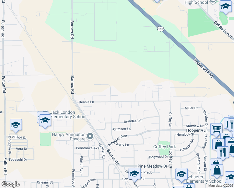 map of restaurants, bars, coffee shops, grocery stores, and more near 3900 Barnes Road in Santa Rosa