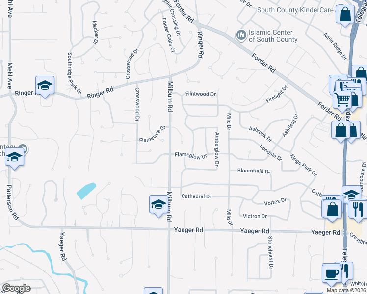 map of restaurants, bars, coffee shops, grocery stores, and more near 5153 Harthlodge Drive in St. Louis