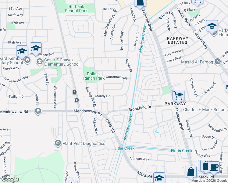 map of restaurants, bars, coffee shops, grocery stores, and more near 4021 Sequoia Way in Sacramento