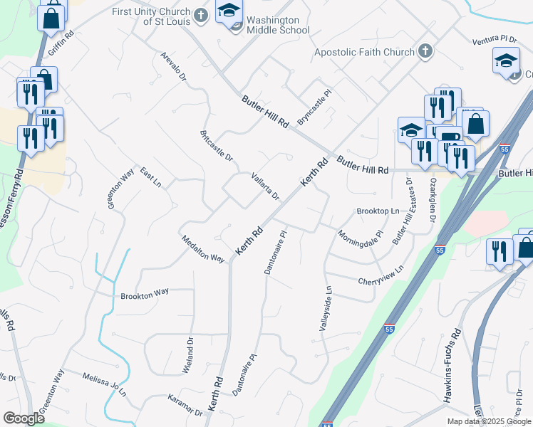 map of restaurants, bars, coffee shops, grocery stores, and more near 5347 Kerth Road in St. Louis