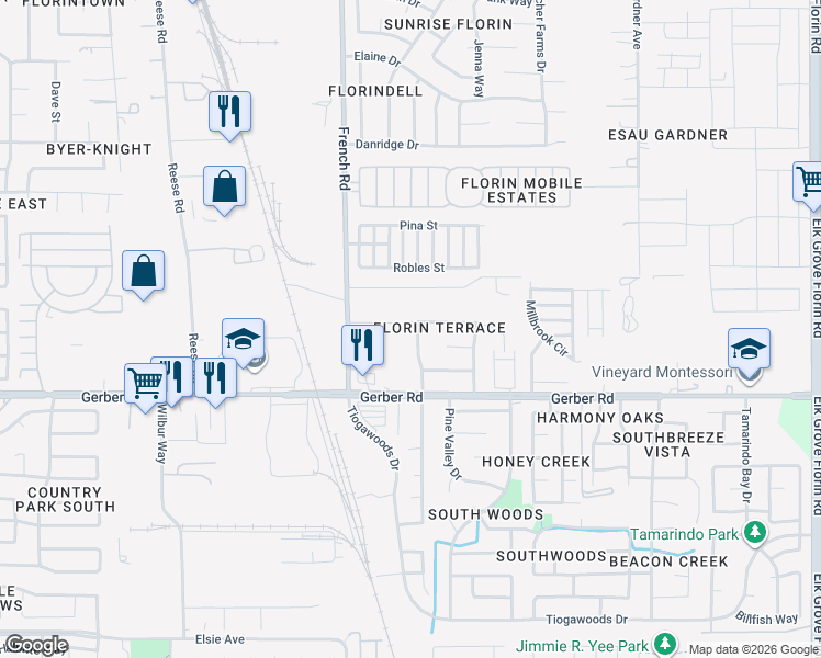map of restaurants, bars, coffee shops, grocery stores, and more near 8555 Napier Way in Sacramento