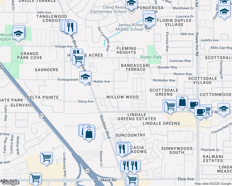 map of restaurants, bars, coffee shops, grocery stores, and more near 7520 Whisperwillow Drive in Sacramento