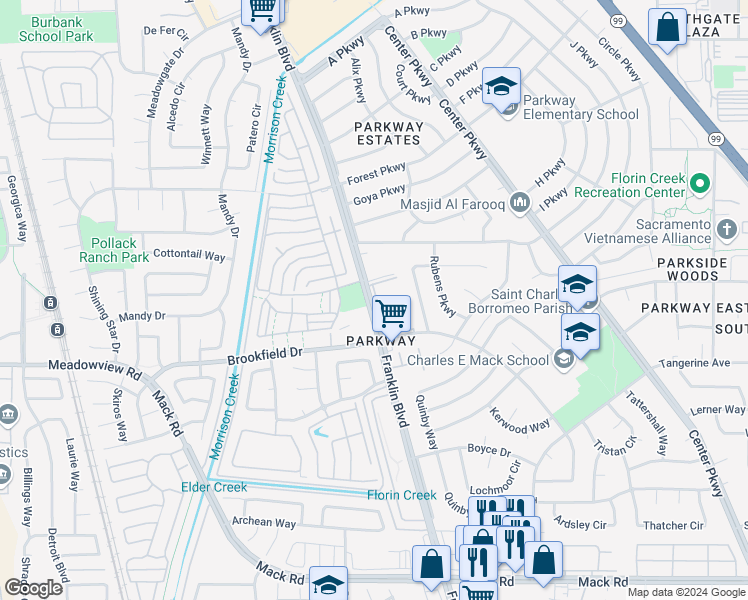 map of restaurants, bars, coffee shops, grocery stores, and more near 7527 Franklin Boulevard in Sacramento