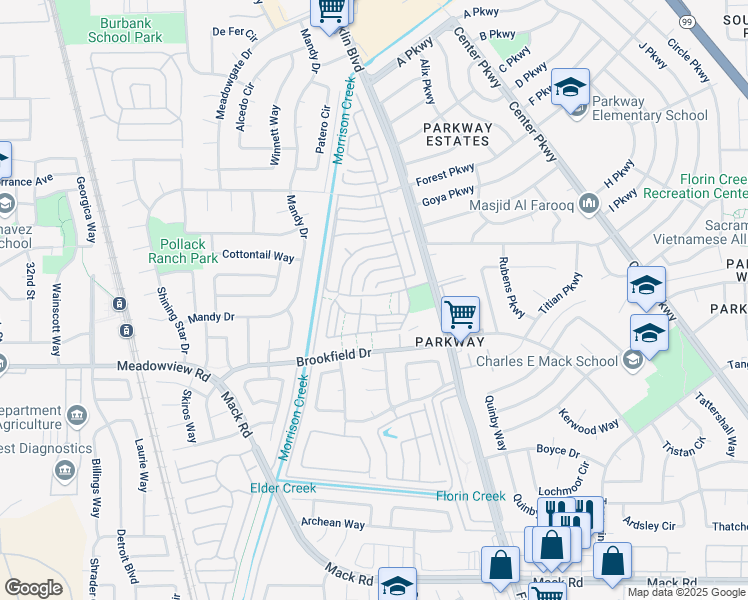 map of restaurants, bars, coffee shops, grocery stores, and more near 52 Creeks Edge Way in Sacramento