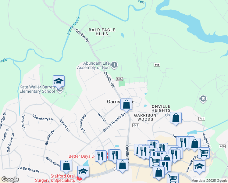 map of restaurants, bars, coffee shops, grocery stores, and more near 155 Onville Road in Stafford