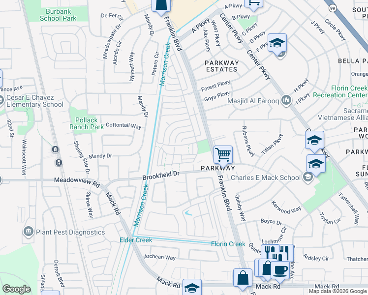 map of restaurants, bars, coffee shops, grocery stores, and more near 30 Creeks Edge Way in Sacramento