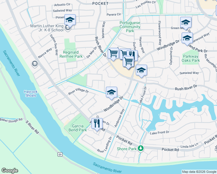 map of restaurants, bars, coffee shops, grocery stores, and more near 19 Lanyard Court in Sacramento