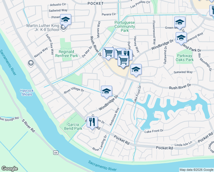 map of restaurants, bars, coffee shops, grocery stores, and more near 22 Lanyard Court in Sacramento