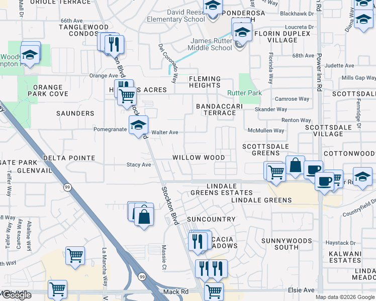 map of restaurants, bars, coffee shops, grocery stores, and more near 7520 Whisperwillow Drive in Sacramento