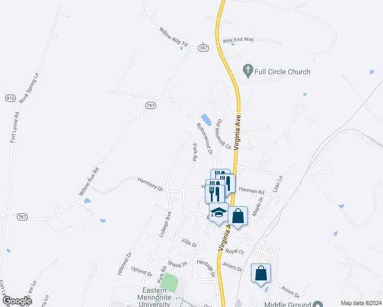 map of restaurants, bars, coffee shops, grocery stores, and more near 1869 Park Road in Harrisonburg
