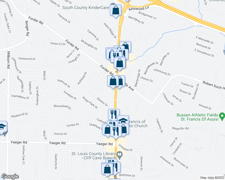 map of restaurants, bars, coffee shops, grocery stores, and more near 4435 Telegraph Rd in St Louis
