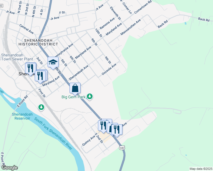 map of restaurants, bars, coffee shops, grocery stores, and more near 818 7th Street in Shenandoah