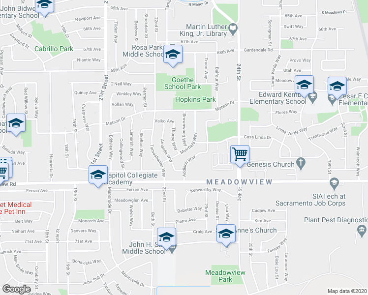 map of restaurants, bars, coffee shops, grocery stores, and more near 7556 Brownwood Way in Sacramento