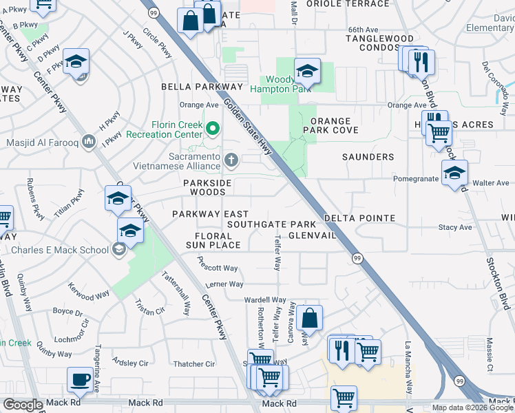 map of restaurants, bars, coffee shops, grocery stores, and more near 7535 Glendora Court in Sacramento