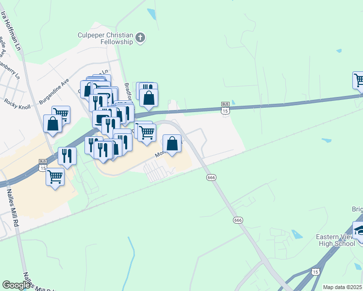 map of restaurants, bars, coffee shops, grocery stores, and more near 15482 Braggs Corner Road in Culpeper