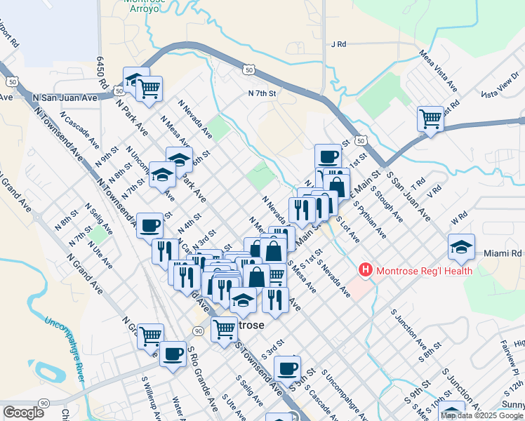 map of restaurants, bars, coffee shops, grocery stores, and more near 712 N 3rd St in Montrose