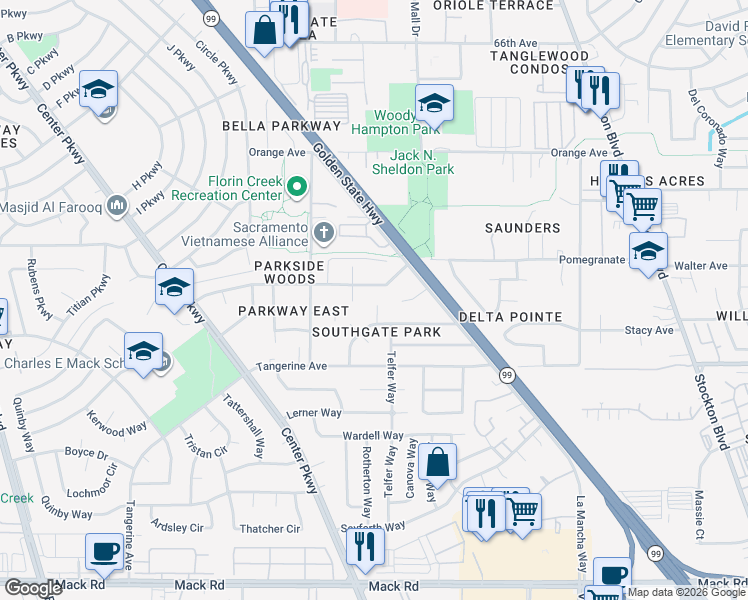 map of restaurants, bars, coffee shops, grocery stores, and more near 5826 Pomegranate Avenue in Sacramento