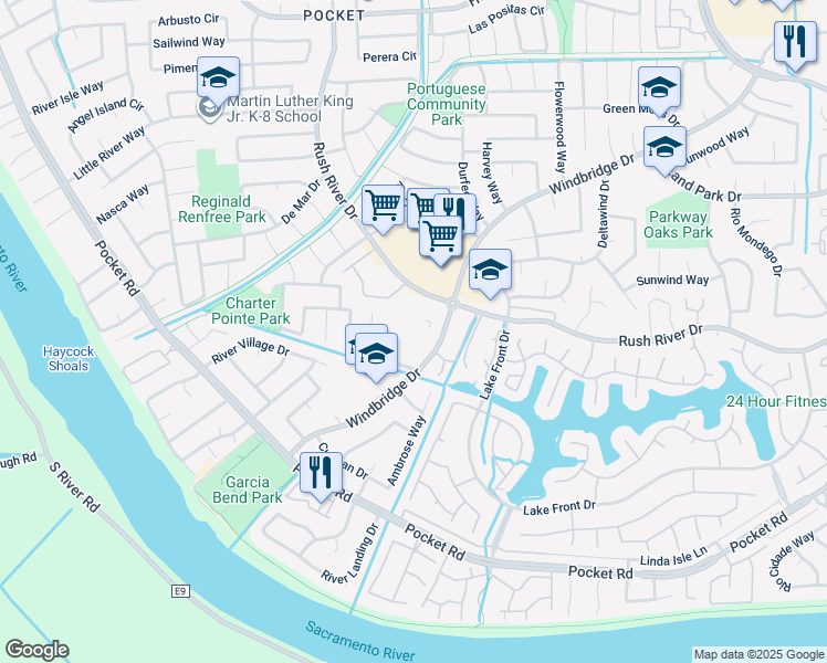 map of restaurants, bars, coffee shops, grocery stores, and more near 7626 Windbridge Drive in Sacramento