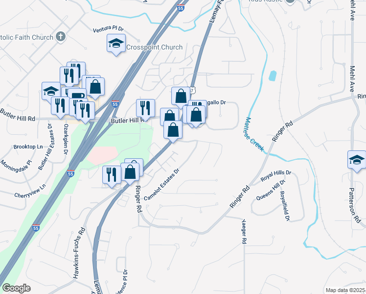 map of restaurants, bars, coffee shops, grocery stores, and more near 4020 Nottingham Estates Drive in St. Louis