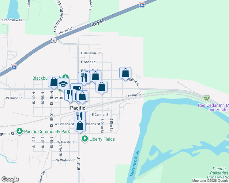 map of restaurants, bars, coffee shops, grocery stores, and more near 410 East Osage Street in Pacific