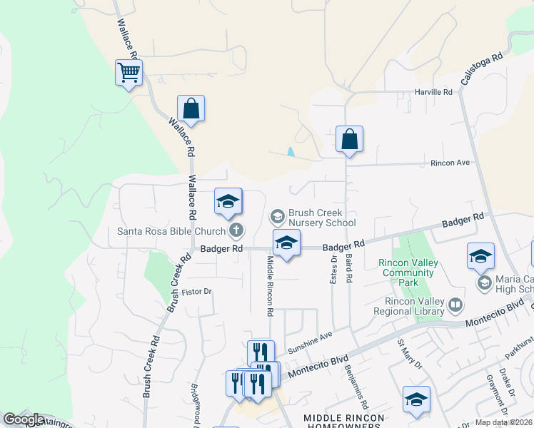 map of restaurants, bars, coffee shops, grocery stores, and more near 3462 Anderson Drive in Santa Rosa
