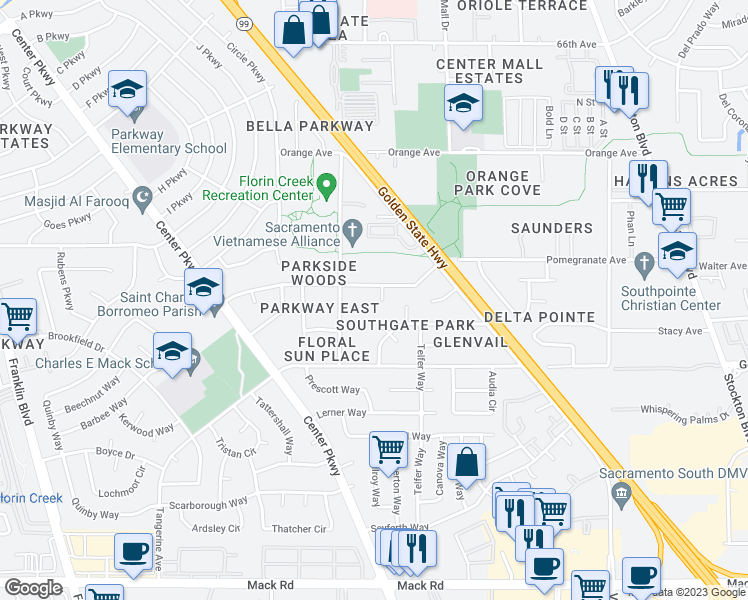 map of restaurants, bars, coffee shops, grocery stores, and more near 7538 Glendora Court in Sacramento