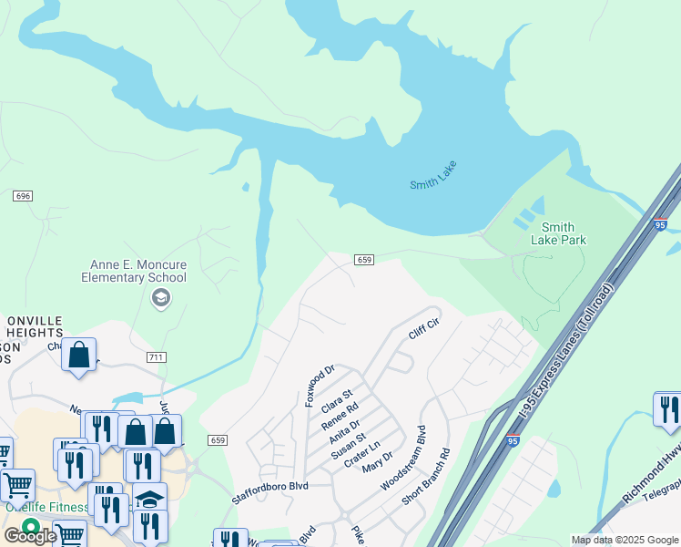map of restaurants, bars, coffee shops, grocery stores, and more near 240 Doc Stone Road in Stafford