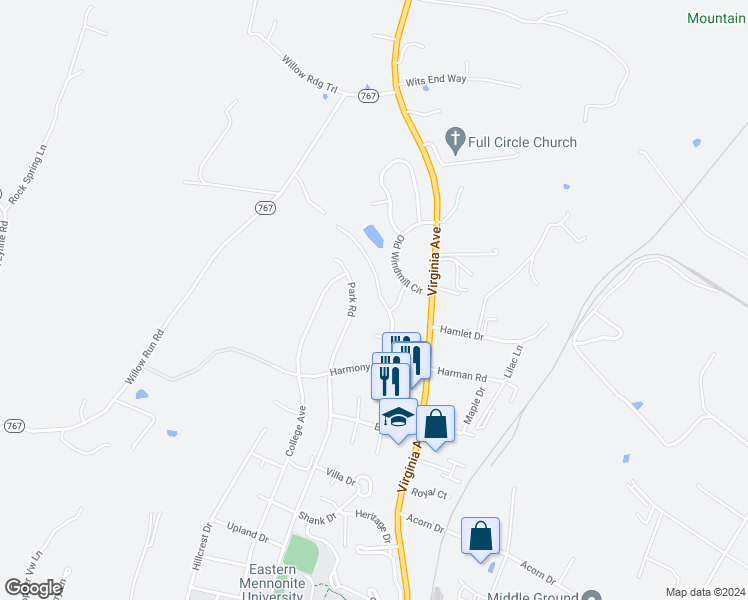 map of restaurants, bars, coffee shops, grocery stores, and more near 1925 Buttonwood Court in Harrisonburg