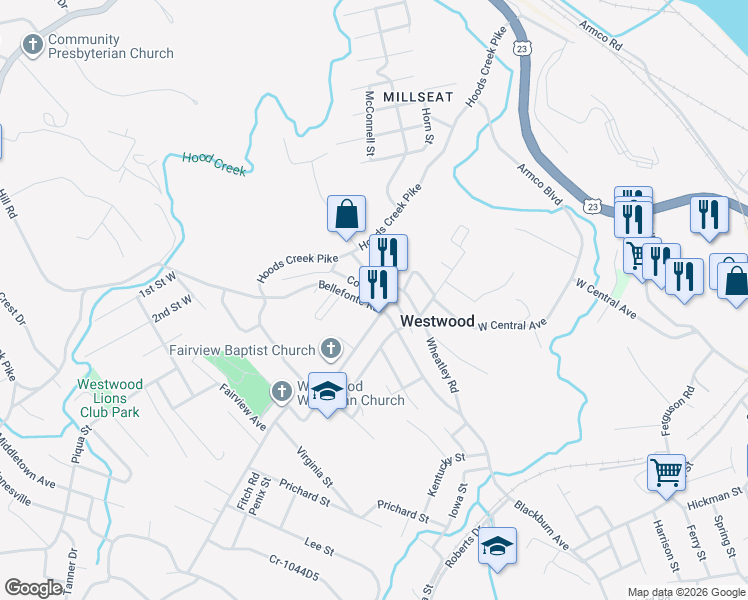 map of restaurants, bars, coffee shops, grocery stores, and more near 608 Bellefonte Road in Ashland